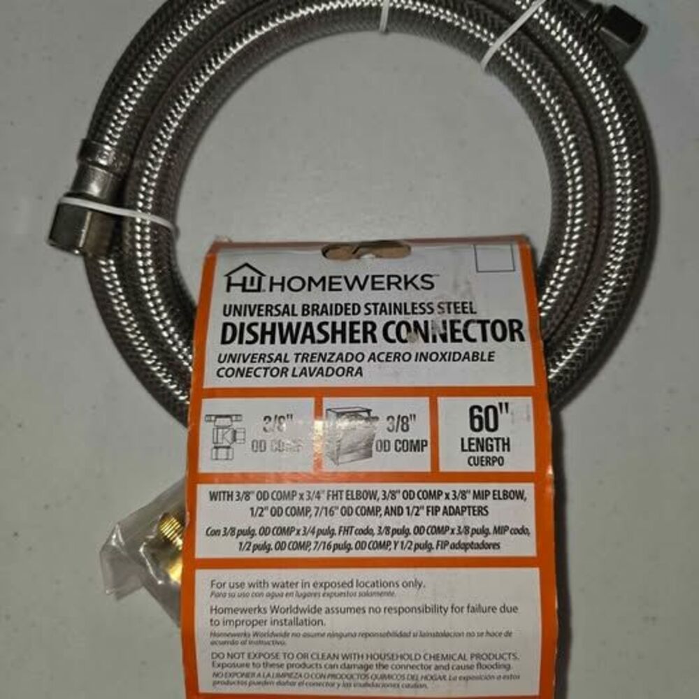 Homewerks Universal Braided Stainless Steel Dishwasher Connector 3/8" x 60" -NEW